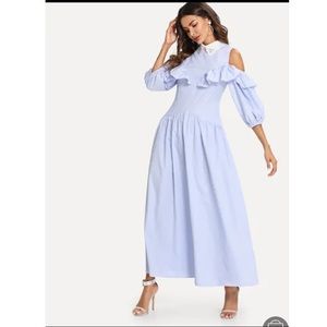 Cold Shoulder Bishop Sleeve Ruffle Striped Dress